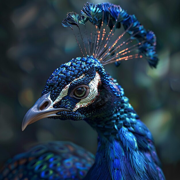 Foto um pavão com uma cabeça azul e uma cabeça de penas emplumadas