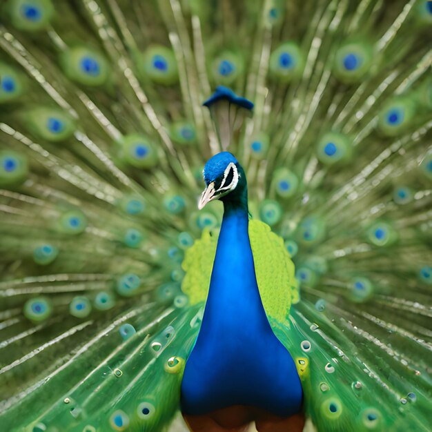 um pavão com uma cauda azul e verde é mostrado com uma pena de pavão