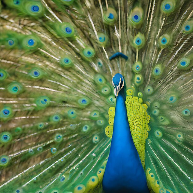 um pavão com uma cauda azul que diz pavão sobre ele