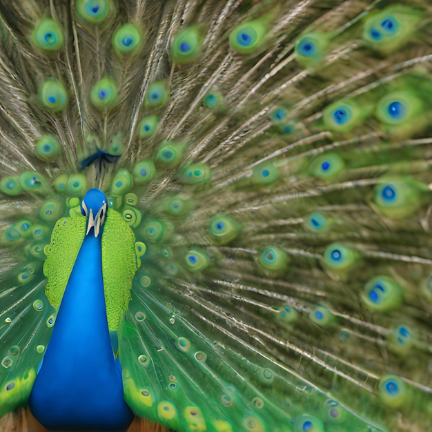 Foto um pavão com uma cauda azul que diz pavão sobre ele