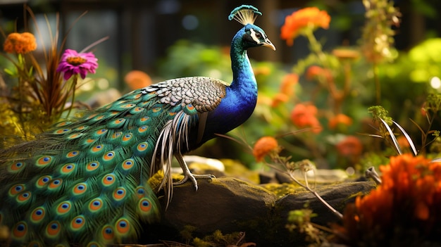 Um pavão com uma cauda colorida é mostrado com um fundo verde