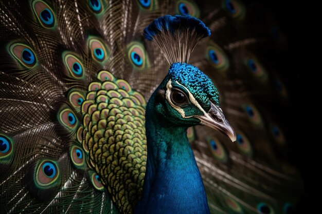 Um pavão é mostrado com um fundo preto.