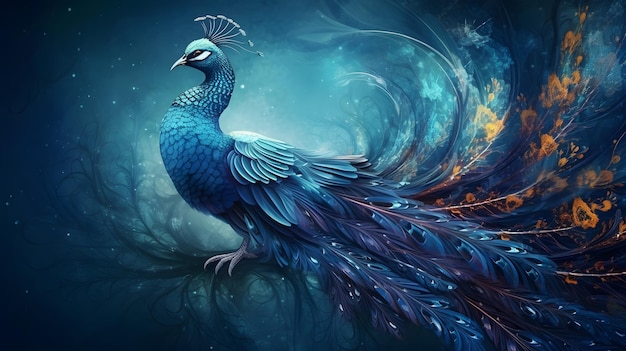 Um pavão é pintado em um fundo azul.