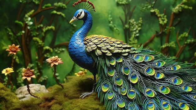 Um pavão em estilo quilling intrincado, sua plumagem meticulosamente trabalhada com bobinas de papel vibrantes