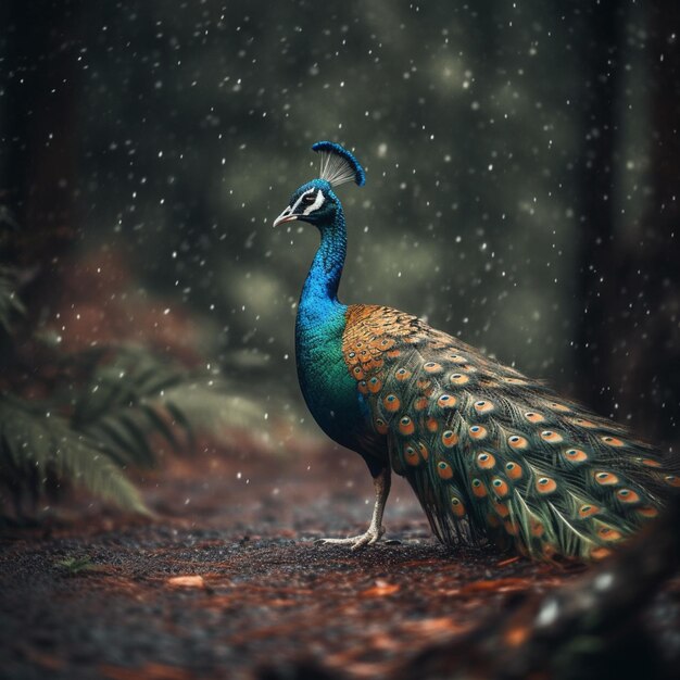 Um pavão está de pé na chuva com a palavra pavão nas costas.