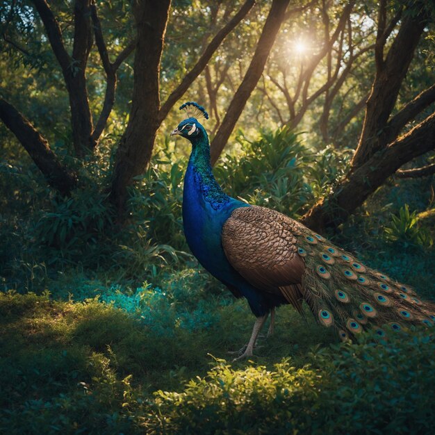 Foto um pavão está de pé na grama e o sol está brilhando através das árvores