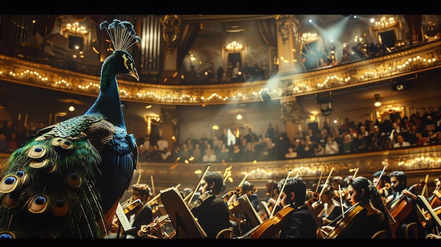 Foto um pavão está em um palco na frente de uma orquestra o pavão está olhando para o público a orquestra está tocando uma peça de música clássica