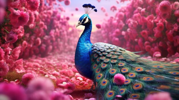 Um pavão fica graciosamente contra um pano de fundo de ilustração 3D de flores cor de rosa