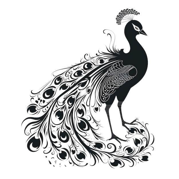 Um pavão preto e branco da silhueta com uma coroa em sua cabeça