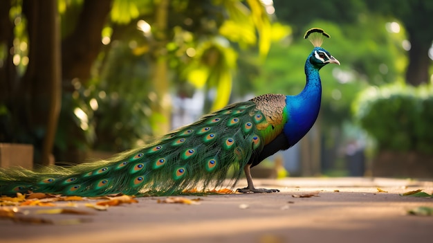 Foto um pavão repousa graciosamente no chão de terra