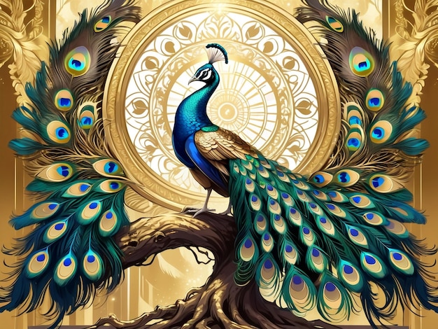 um pavão sentado no topo de uma árvore pavão arte digital requintada penas douradas arte bonita