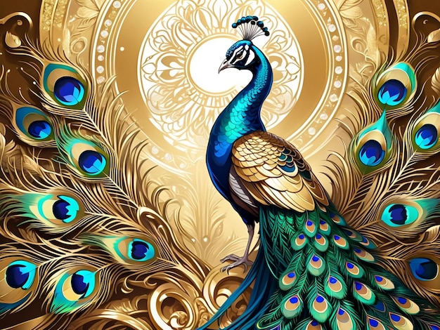 um pavão sentado no topo de uma árvore pavão arte digital requintada penas douradas bela arte
