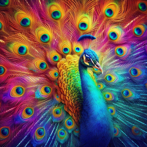 Foto um pavão usando as cores do arco-íris