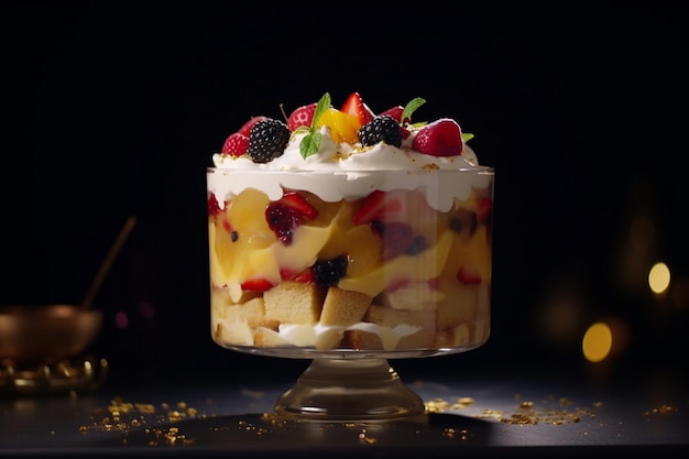 Um pavê de frutas com chantilly e amoras por cima