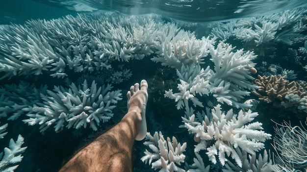 Um pé descalço de uma pessoa acima de um arrecife de coral branco sereno debaixo d'água