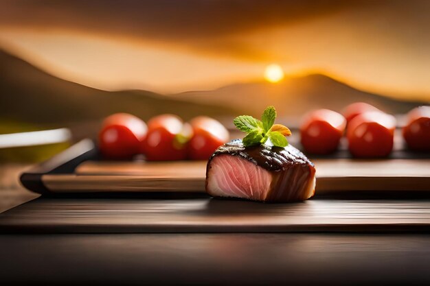 Foto um pedaço de bife com tomates numa bandeja