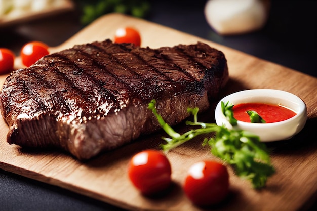 Um pedaço de bife em uma tábua com tomates e molho AI generativo