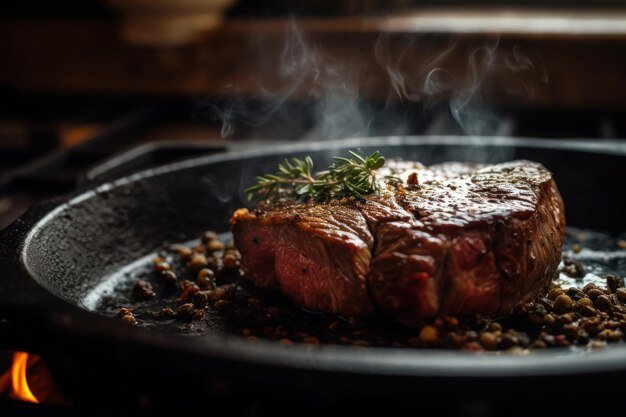 Um pedaço de bife suculento com verduras é frito em uma frigideira generativa de closeup ai