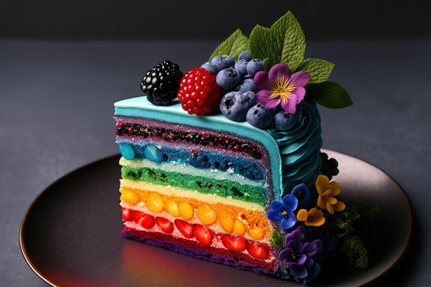 Um pedaço de bolo arco-íris com tema natalino com frutas frescas e flores