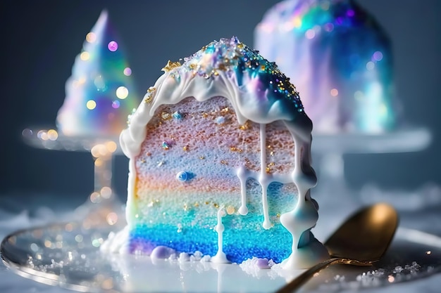 Um pedaço de bolo brilhante com creme em um prato Generative AI