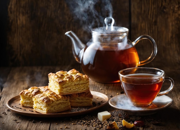 Um pedaço de bolo caseiro e uma chávena de chá para o café da manhã