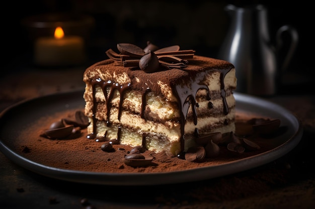 Um pedaço de bolo com cobertura de chocolate e chocolate regado por cima.
