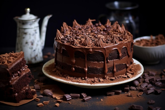 Um pedaço de bolo com cobertura de chocolate e nozes