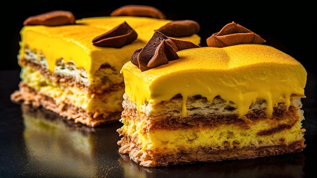 Um pedaço de bolo com glacê amarelo e pedaços de chocolate