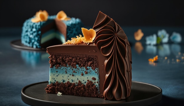 Um pedaço de bolo com glacê azul e branco