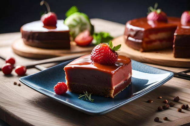 Um pedaço de bolo de chocolate com calda de framboesa por cima