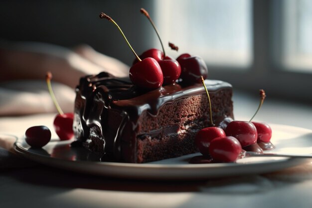 Um pedaço de bolo de chocolate com cerejas em cima