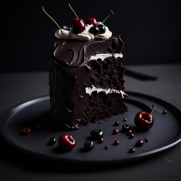 Um pedaço de bolo de chocolate com chantilly e cerejas por cima.