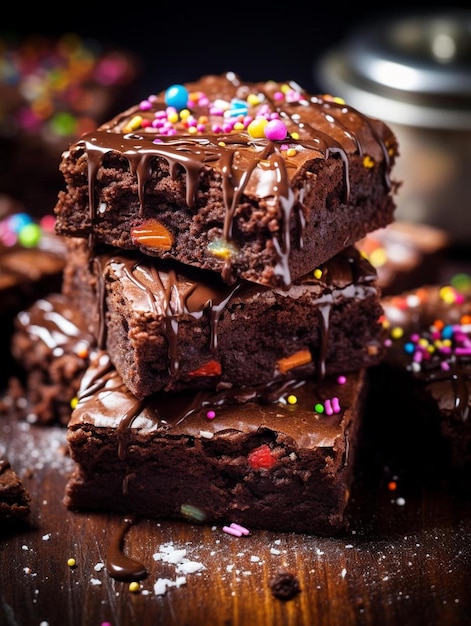 Um pedaço de bolo de chocolate com cobertura de chocolate e confeitos por cima.