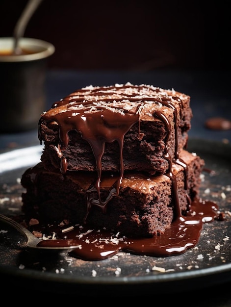 um pedaço de bolo de chocolate com cobertura de chocolate e granulado.