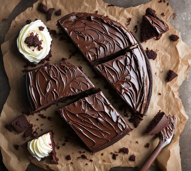 Um pedaço de bolo de chocolate com cobertura de chocolate e um pedaço de cobertura de chocolate.