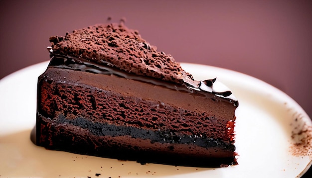 Um pedaço de bolo de chocolate com cobertura de chocolate por cima.