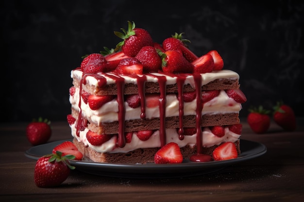 Um pedaço de bolo de chocolate com morangos por cima