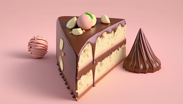 Um pedaço de bolo de chocolate com uma base de chocolate e uma casquinha de chocolate no topo.