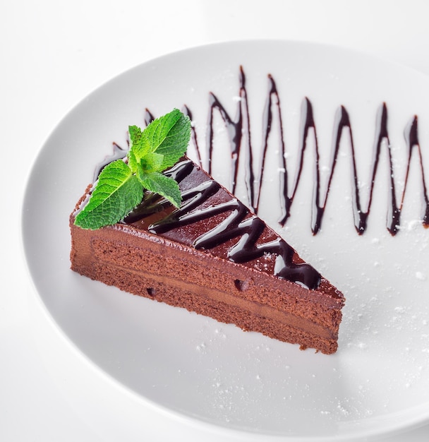 um pedaço de bolo de chocolate com uma folha de hortelã