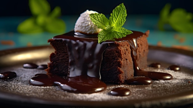 Um pedaço de bolo de chocolate derretido com menta sobre a mesa, feito com ai generative