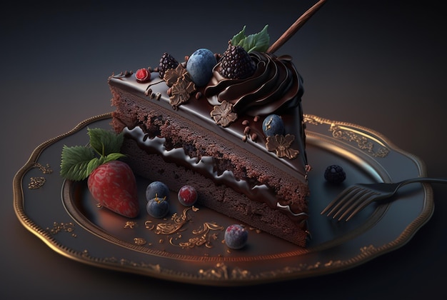 Um pedaço de bolo de chocolate em um prato com talheres generativo ai