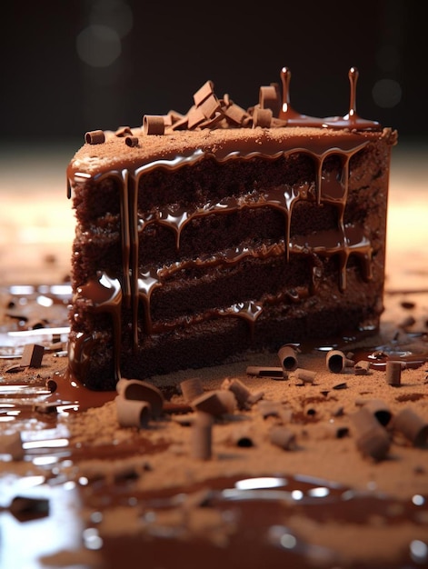 um pedaço de bolo de chocolate sentado em cima de uma mesa