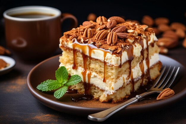 Um pedaço de bolo de esponja com uma xícara de café isolado em fundo transparente