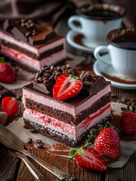 um pedaço de bolo de morango com chocolate e morangos do lado AI Generative