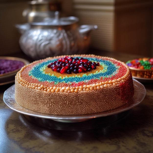 Um pedaço de bolo decorado com contas multicoloridas na mesa