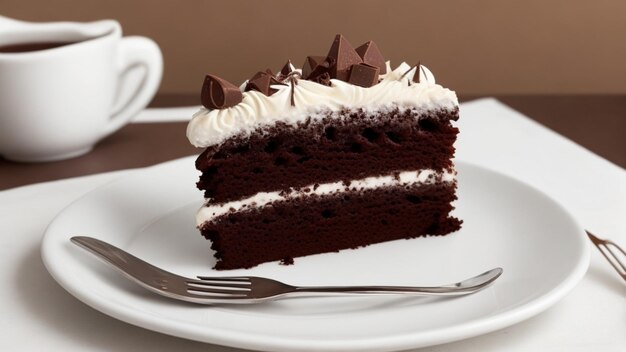 Um pedaço de bolo delicioso é colocado em um prato branco com fundo branco