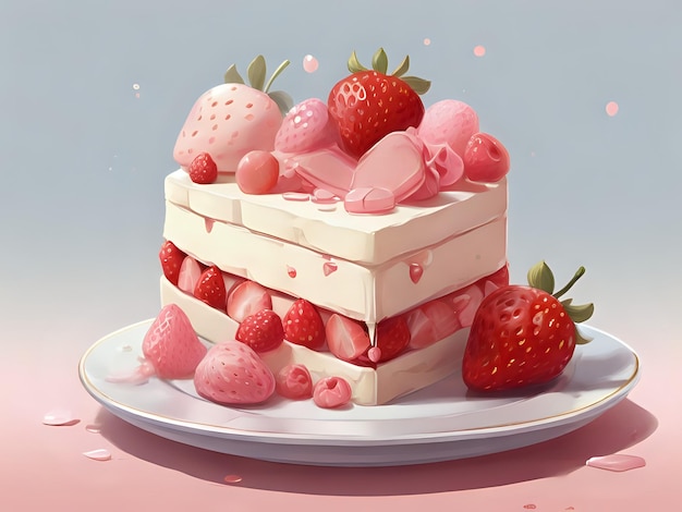 Foto um pedaço de bolo sentado em cima de um prato branco morango lindo detalhado bolo de arte digital