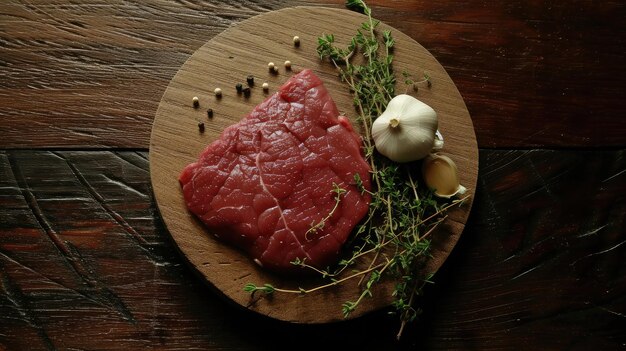 Um pedaço de carne bovina crua, tomilho e alho em uma mesa de madeira