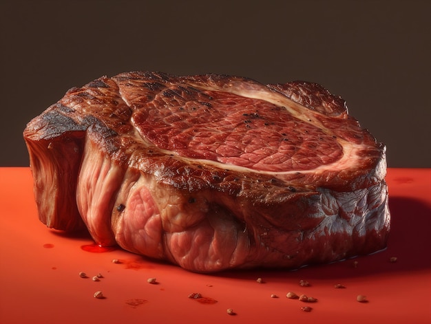 Um pedaço de carne com fundo vermelho e a palavra bife