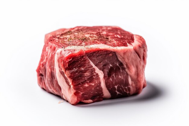 Um pedaço de carne com um corte de carne em um fundo branco.